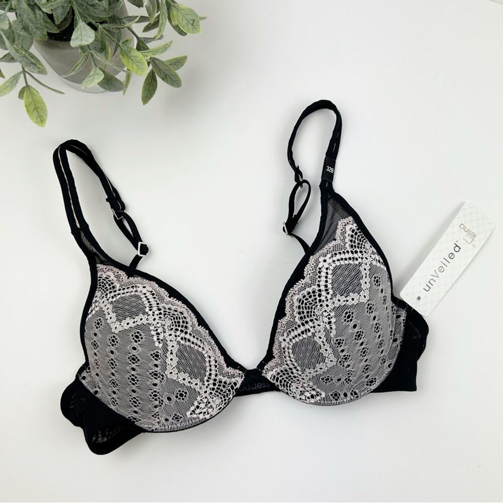 UnVeiled by Felina Argentella Black and White Lace Push-Up Bra Size 32DD